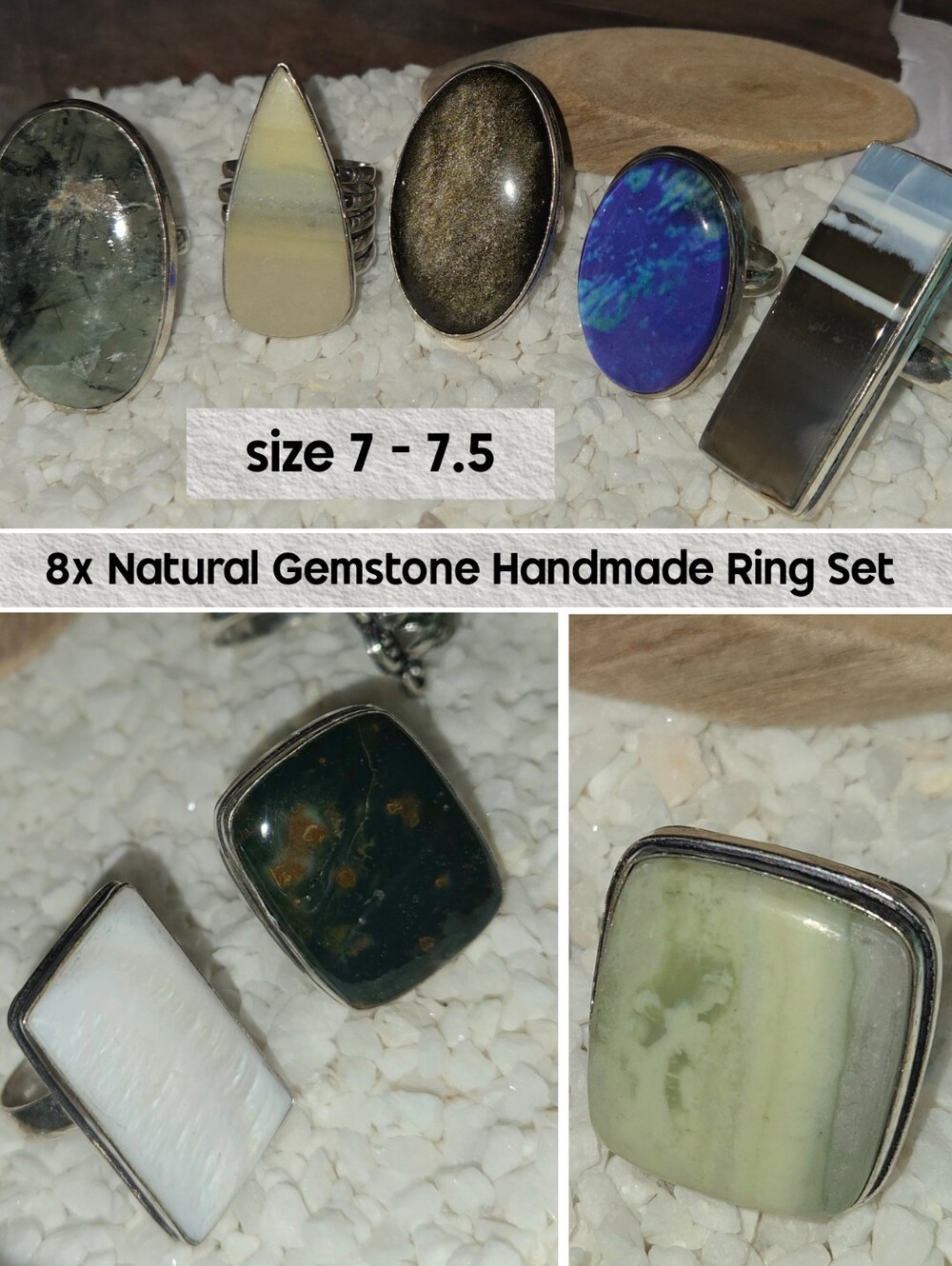 9x Handmade Natural Gemstone Ring Set Size 7-7.5 Opal Pearl Larsonite Obsidian